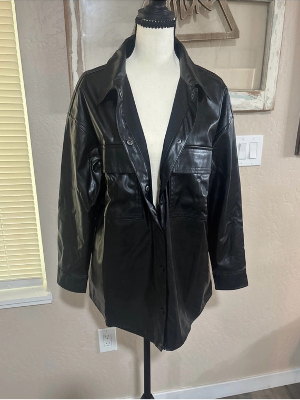 Black Faux Leather Longline Jacket - Women